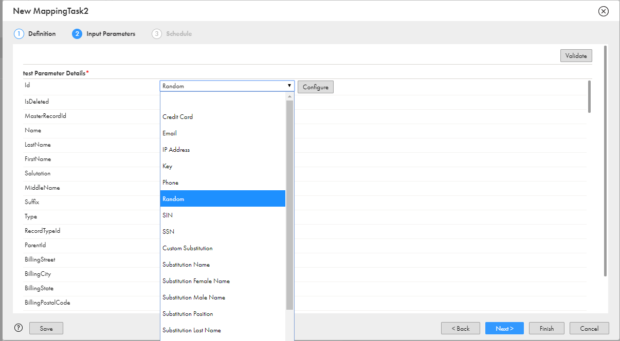 The image shows the second step in a Mapping task that contains a mask rule parameter. The list of masking techniques is open and the Random masking technique is selected from the list. The Configure button that you use to configure the masking technique is visible.