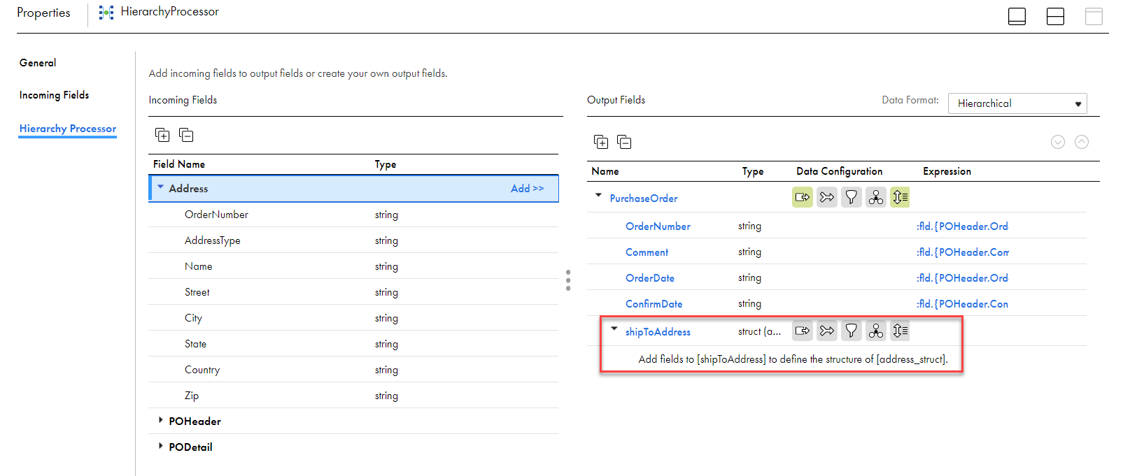 The list of incoming fields on the left includes the Address table. The output group on the right contains the empty shipToAddress struct.