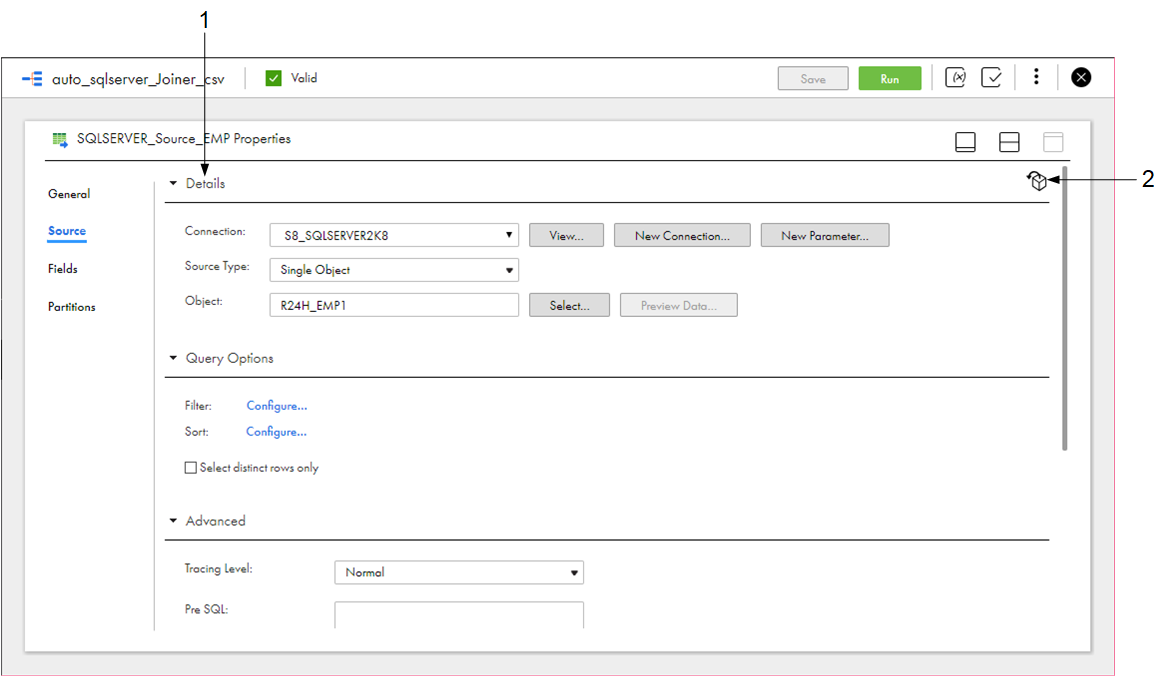 The Source tab for a relational source contains the following source details: Connection, Source Type, and Object. It also contains query options and advanced properties. The fields on the Source tab vary based on the connection type.