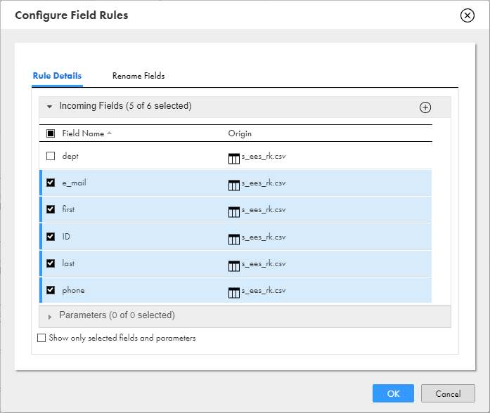 All the named fields are included from the second input group except for the "dept" field.