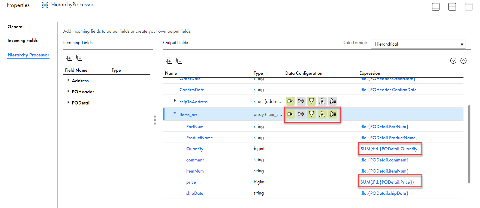 The Items_arr output group on the right displays active icons for data sources, filter, group by, and order by. The Quantity and Price fields show the aggregate expressions.