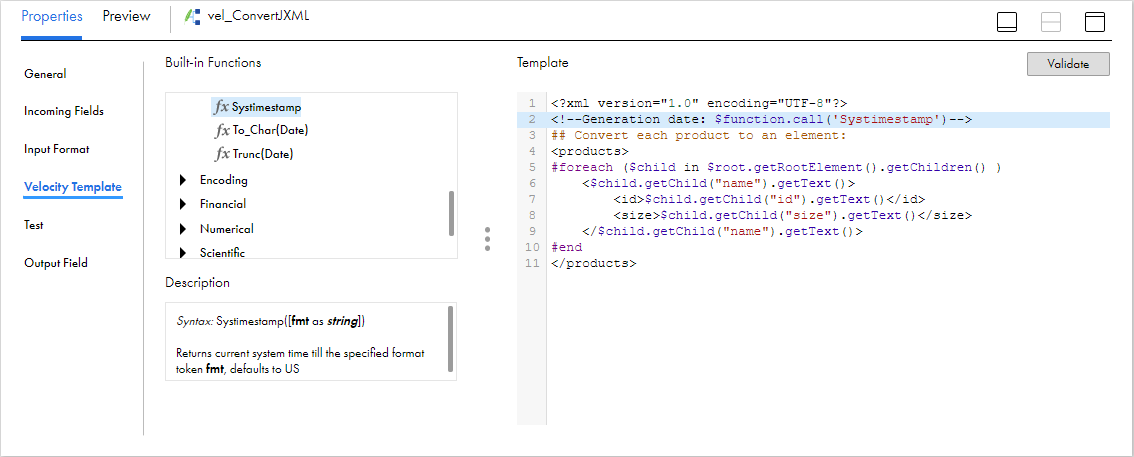 The Velocity Template tab contains a list of built-in functions on the left and the template editor on the right.