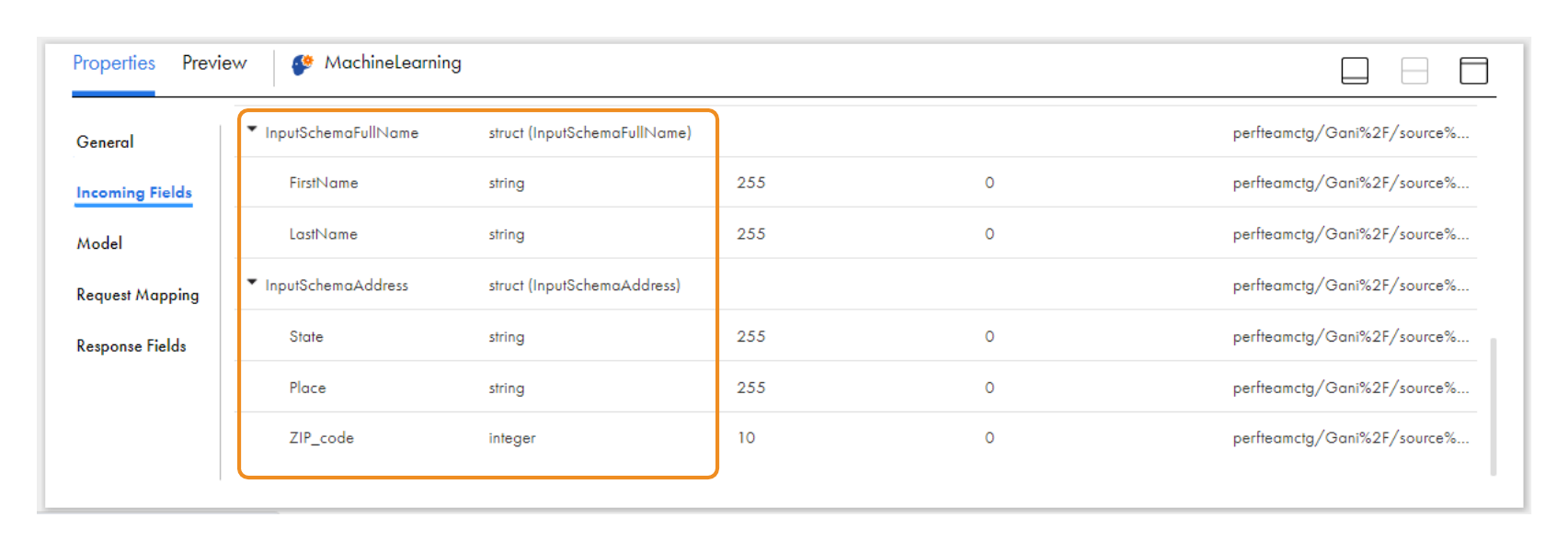 The Incoming Fields tab is selected in a Machine Learning transformation. The tab lists two structs. The first struct represents a full name with first name and last name elements. The following struct represents an address with state, place, and ZIP code elements.