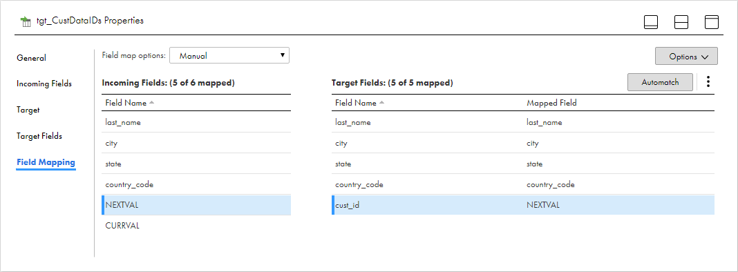 The Field Mapping tab shows the NEXTVAL output field mapped to the cust_id field.