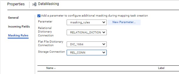 The image shows the Masking Rules tab of the Data Masking transformation object in a mapping with a mask rule parameter created and selected.