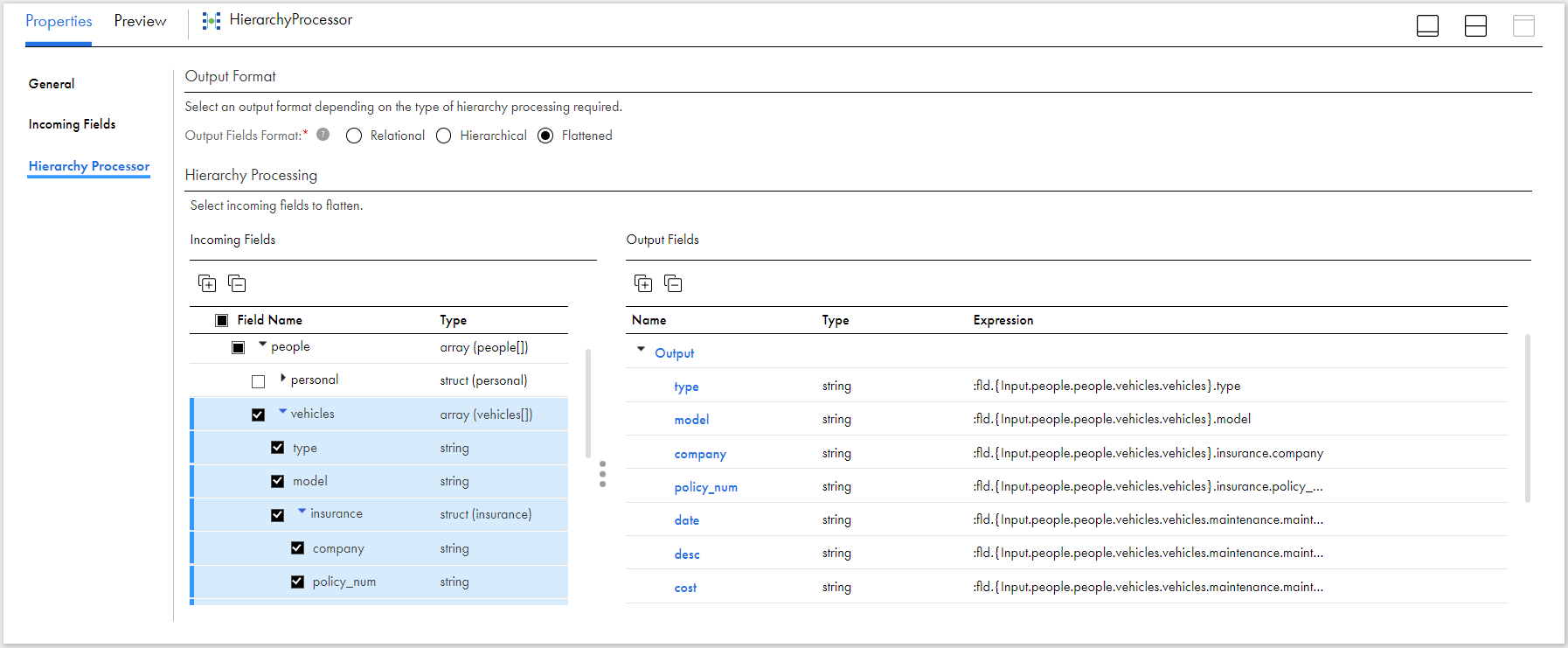 The Hierarchy Processor tab appears with Output Format Flattened selected. The Incoming Fields panel shows one input group with the following fields: people (array) selected; personal (struct) not selected; vehicles (array) selected. The vehicles array contains the type, model, insurance (struct) with company and policy_num fields. The Output Fields panel contains one output group with the following string fields: type, model, company, policy_num, date, desc, cost.