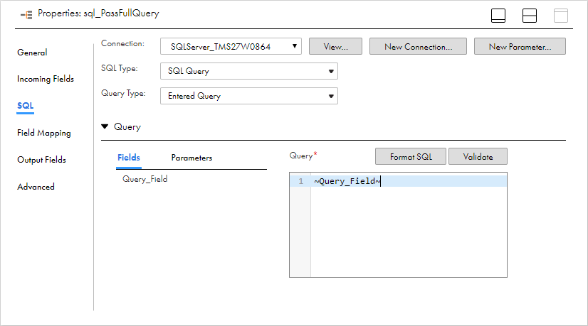 On the SQL tab of the Properties panel, "Entered Query" is selected as the query type. The Fields tab in the Query section shows one incoming field, "Query_Field." In the query editor, the query contains one line: ~Query_Field~