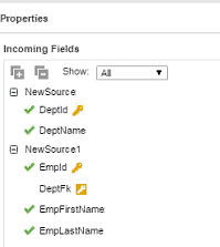 The Field Mapping tab shows incoming fields from two sources, NewSource and NewSource1. The NewSource1 source includes the DeptFk field which is a foreign key.