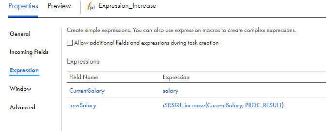 The image shows the Expression tab for the Expression_Increase transformation. The transformation contains two field expressions.