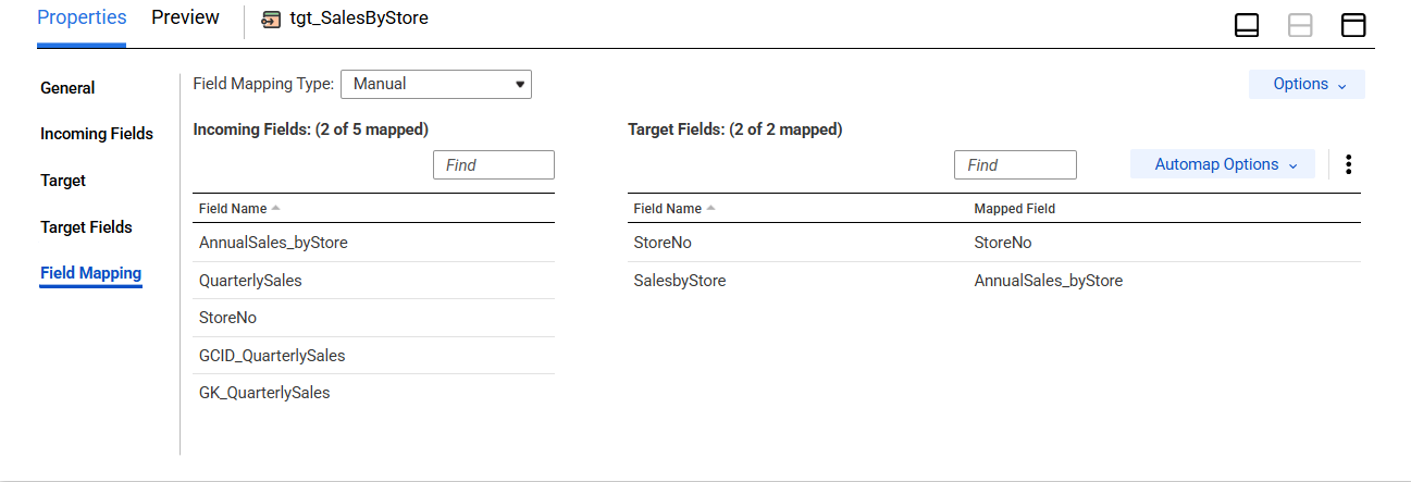 The Field Mapping tab of the Target transformation shows the StoreNo field from the Aggregator transformation mapped to the StoreNo field in the target and the AnnualSales_byStore field mapped to the SalesbyStore field.