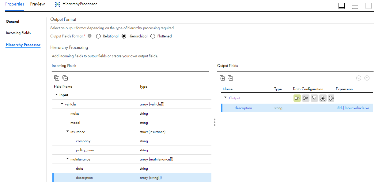 The image shows the Hierarchy Processor tab of the Hierarchy Processor transformation. The Incoming Fields panel contains one group with the following field: vehicle (array). The vehicle array contains the following fields: make (string), model (string) insurance (struct), and maintenance (array). The insurance struct contains the following fields: company (string) and policy_num (string). The maintenance array contains the following fields: date (string) and description (array of strings). The Output Fields panel contains the following field: description (string).