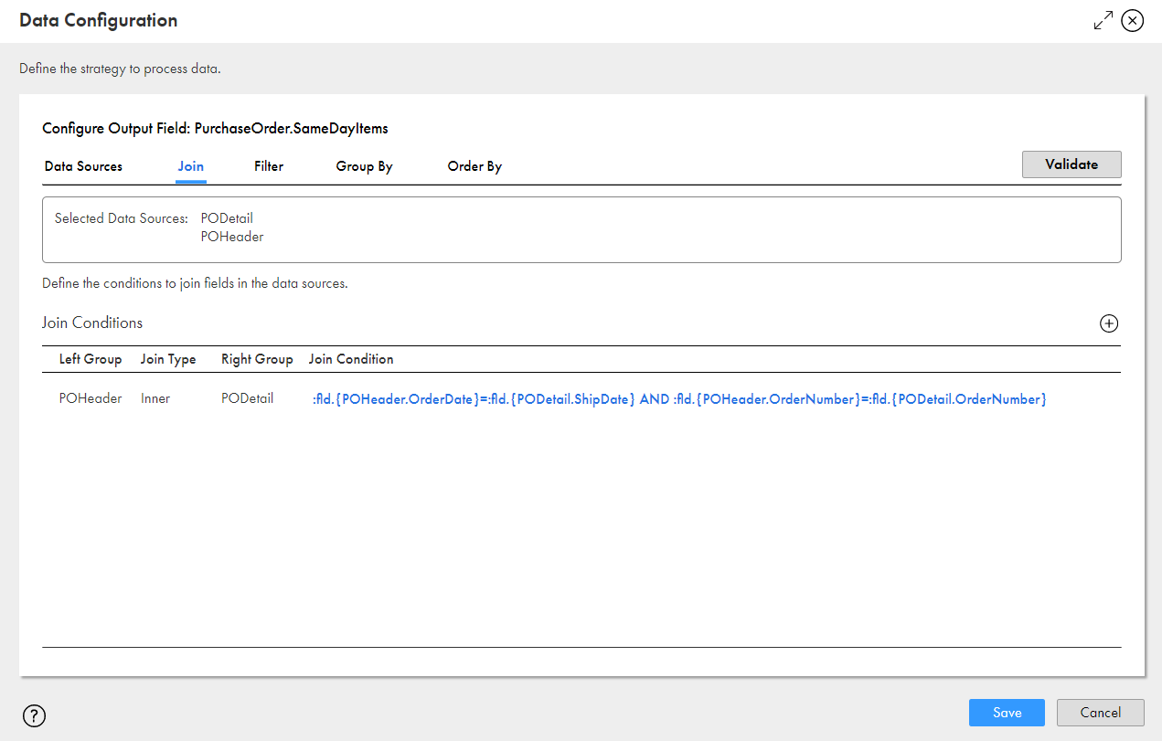 The Data Configuration dialog shows the selected data sources: POHeader and PODetail. The join condition shows Left Group: POHeader, Join Type: Inner, Right Group: PODetail.