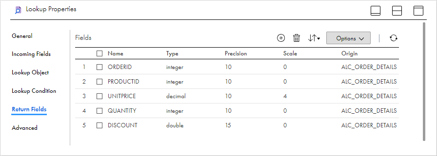 The Return Fields tab of the Lookup transformation lists the following return fields from table ALC_ORDER_DETAILS: ORDERID, PRODUCTID, UNITPRICE, QUANTITY, and DISCOUNT.