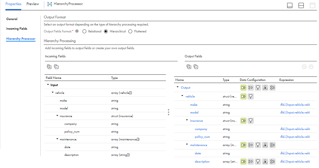 The image shows the Hierarchy Processor tab of the Hierarchy Processor transformation. The Incoming Fields panel contains one input group with the following field: vehicle (array). The vehicle array contains the following fields: make (string), model (string) insurance (struct), and maintenance (array). The insurance struct contains the following fields: company (string) and policy_num (string). The maintenance array contains the following fields: date (string) and description (array of strings). The Output Fields panel contains the following field: vehicle (struct). The vehicle struct contains the following fields: make (string), model (string) insurance (struct), and maintenance (array). The insurance struct contains the following fields: company (string) and policy_num (string). The maintenance array contains the following fields: date (string) and description (array of strings).