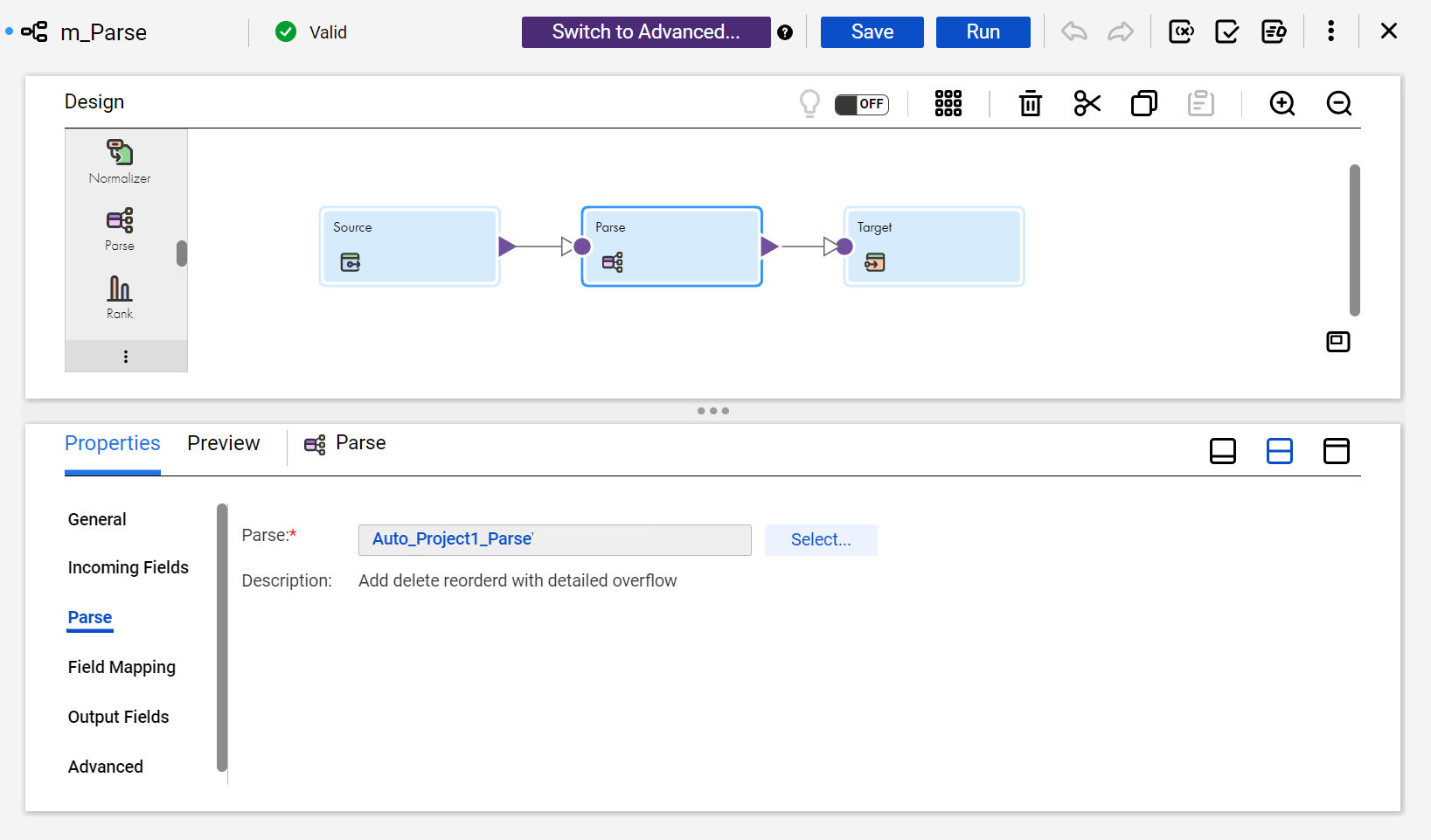 The image shows the Parse tab of the transformation. The tab properties include a Select button that you can use to add a parse asset to the transformation.