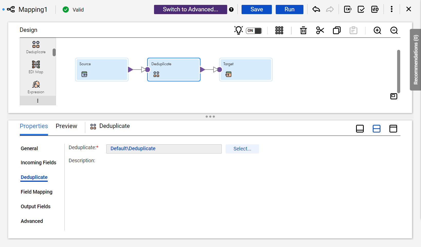 The image shows the Deduplicate tab of the transformation. The tab properties include a Select button that you can use to add a deduplicate asset to the transformation.