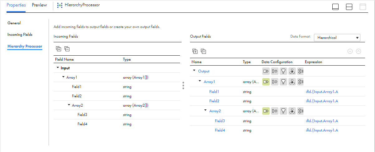 The image shows the Hierarchy Processor tab of the Hierarchy Processor transformation. The Incoming Fields panel contains one input group with the following field: Array1 (array). Array1 contains the following fields: Field1 (string), Field2 (string), and Array2 (array). Array2 contains the following fields: Field3 (string) and Field4 (string). The Output Fields panel contains one output group with the same fields as the input group.