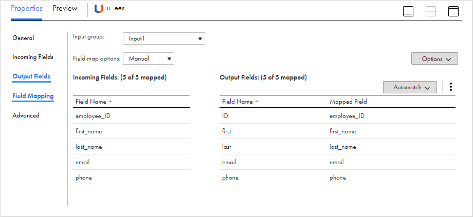 On the Field Mapping tab of the Union transformation, input group "Input1" is selected, and the field map options are set to "Manual." Each output field has been mapped to a corresponding incoming field.