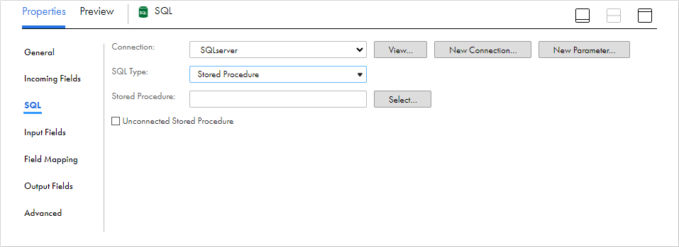 The SQL tab of the SQL transformation shows the following fields by default: Connection, SQL Type, Stored Procedure, and Unconnected Stored Procedure. There are also buttons to view the connection properties, create a new connection, create a new connection parameter, and select the stored procedure.