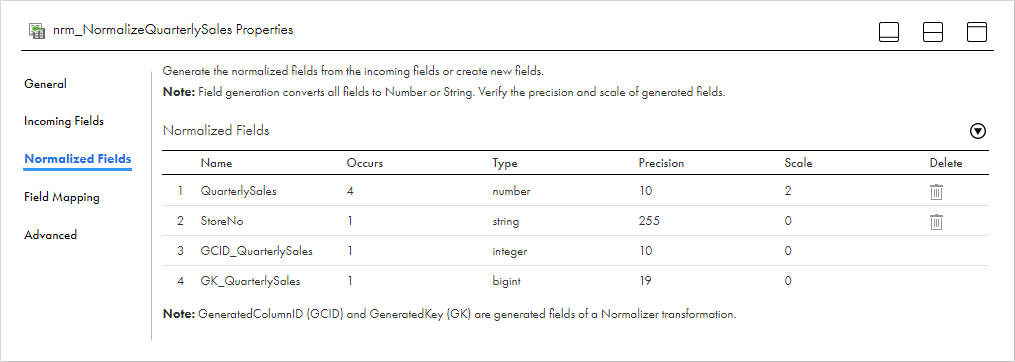 The Normalized Fields tab includes the two added fields as well as a GCID_QuarterlySales field and a GK_QuarterlySales field.