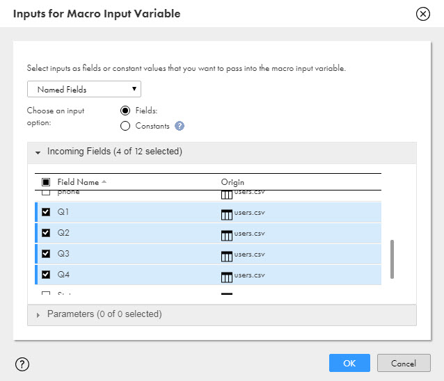 The Inputs for Macro Input Variable dialog box shows the selection of the Fields input option and Named Fields field rule. The Incoming Fields list shows all incoming fields, with the Qx fields selected.