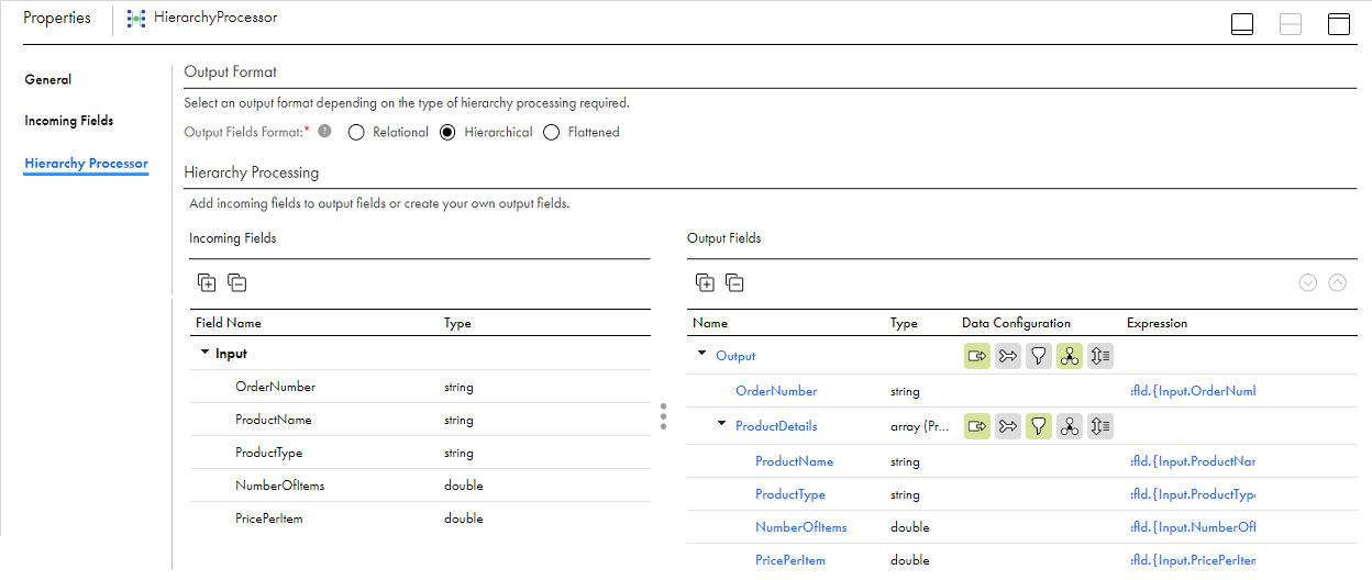 The image shows the Hierarchy Processor tab of the Hierarchy Processor transformation. The Incoming Fields panel contains one input group with the following fields: OrderNumber, ProductName, ProductType, NumberOfItems, and PricePerItem. The Output Fields panel contains one output group with the following fields: OrderNumber (string) and ProductDetails (array). The ProductDetals array contains the following fields: ProductName, ProductType, NumberOfItems, and PricePerItem.