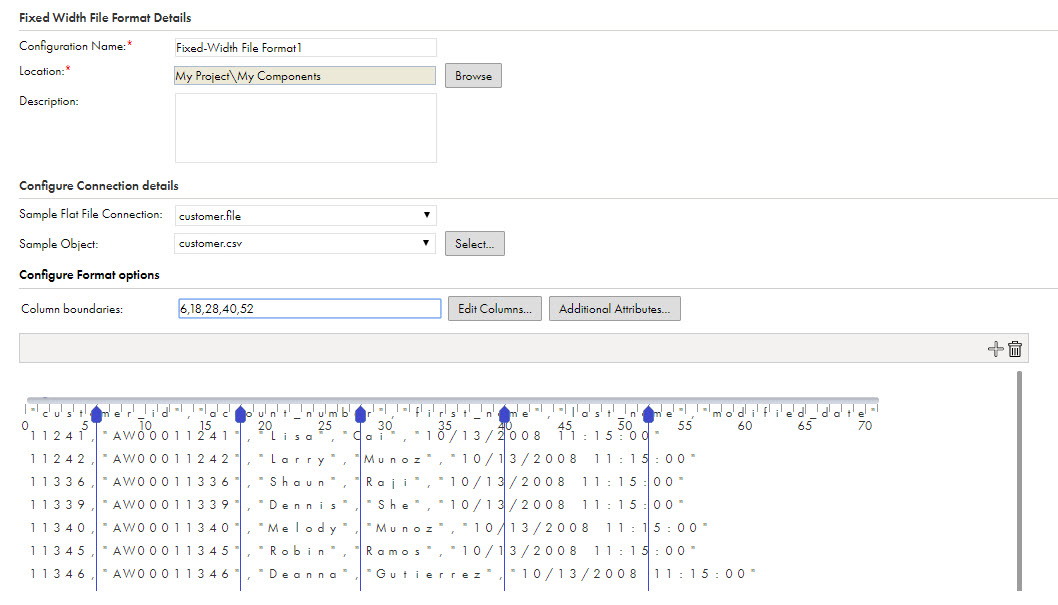 The sample flat file shows below a ruler. Five boundaries are shown on the ruler. The Column Boundaries field shows the location of the columns in bytes.