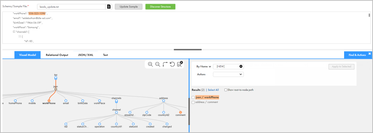 The updated model shows data from the new sample in the input data panel and the Relational Output tab.