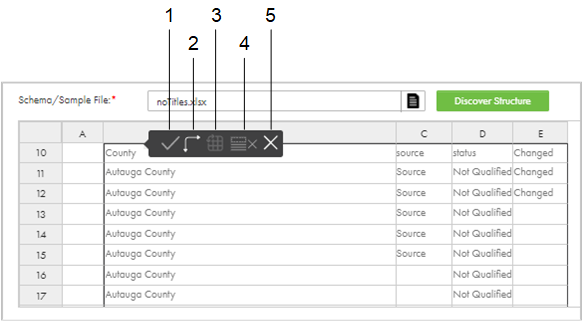 In this image, the input data panel shows a Microsoft Excel table without headings. The menu is open and shows the apply, transpose, convert to name-value pairs/convert to table, remove all headers, and cancel buttons.