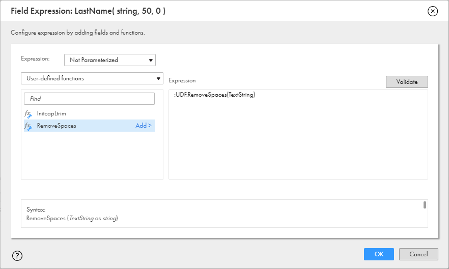 In this image, "User-defined functions" is selected in the drop-down list on the left. The user-defined function RemoveSpaces is selected in the list on the left and has been added to the expression on the right.