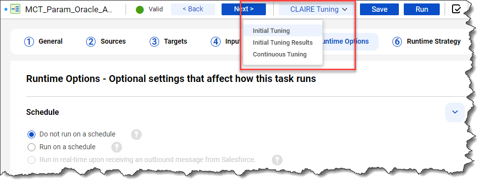 The mapping task details page in the new interface has the following options in the page header: Back, Next, CLAIRE Tuning, Save, Run, and Validation. The CLAIRE Tuning option shows a drop-down menu with the following options: Initial Tuning, Initial Tuning Results, and Continuous Tuning.