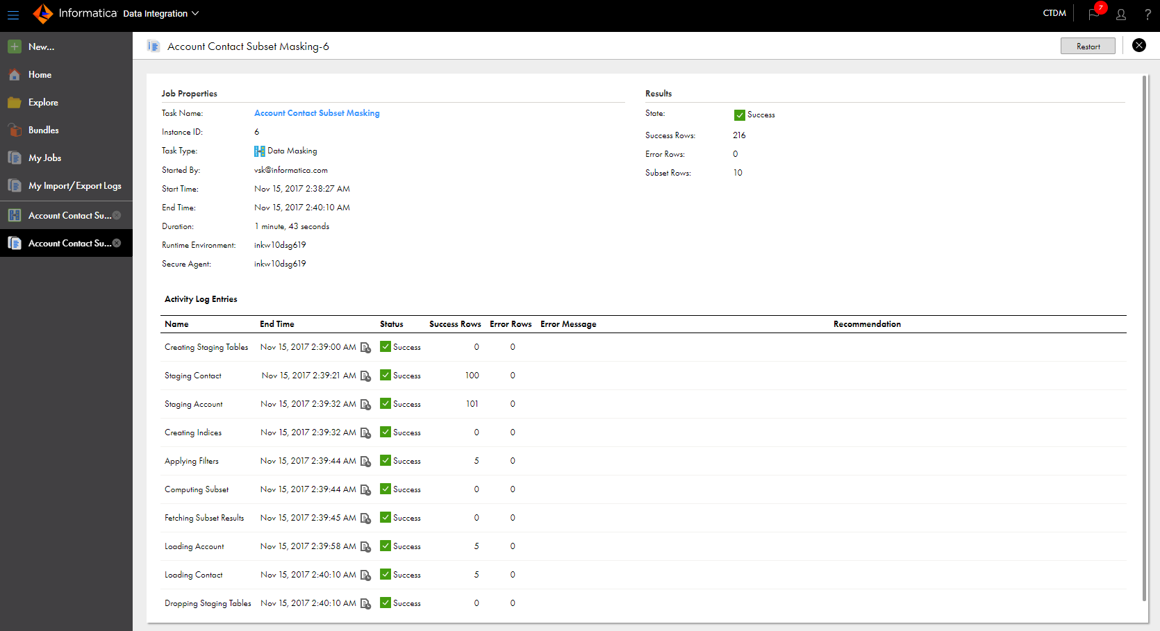 The job details shows the activity log entires for a data subset operation in a masking task.