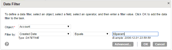 The Data Filter dialog box shows a simple filter that is applied on the Account object. The filter applied is that the Created Date must be equal to $$param.