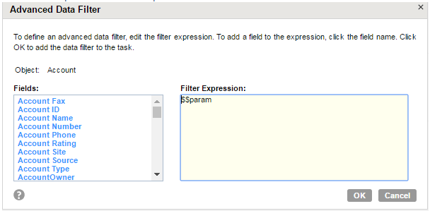 The Advanced Data Filter dialog box shows that the filtered object is Account, the list of fields, and a filter expression. The following filter expression is entered: $$param