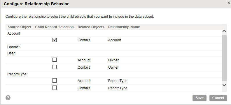 The Configure Relationship Behavior dialog box shows the source objects, child record selection, record objects, and relationship name.