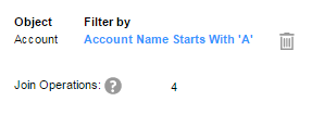 The image shows that the data subset filter is applied on the Account object with the account names that start with the letter A. The number of join operations is 4.