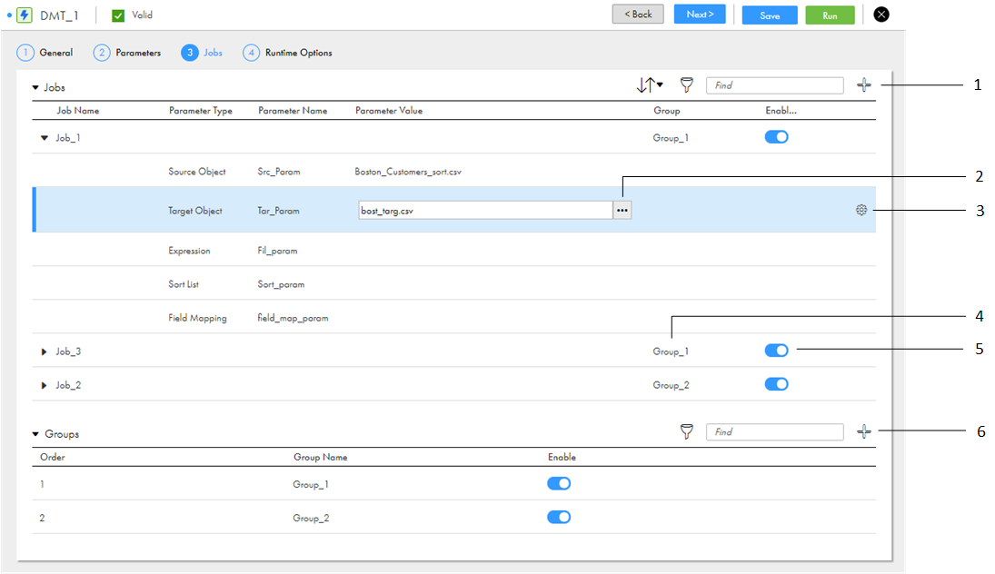 The image shows the Jobs page with three jobs and two groups. Job_1 is expanded and contains five parameters. The target object parameter is selected. Job_1 and Job_2 are in Group_1. Job_3 is in Group_2. All three jobs and both groups are enabled.