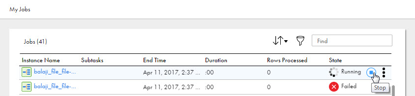 On the My Jobs page, the Stop icon appears in the list next to the State column.