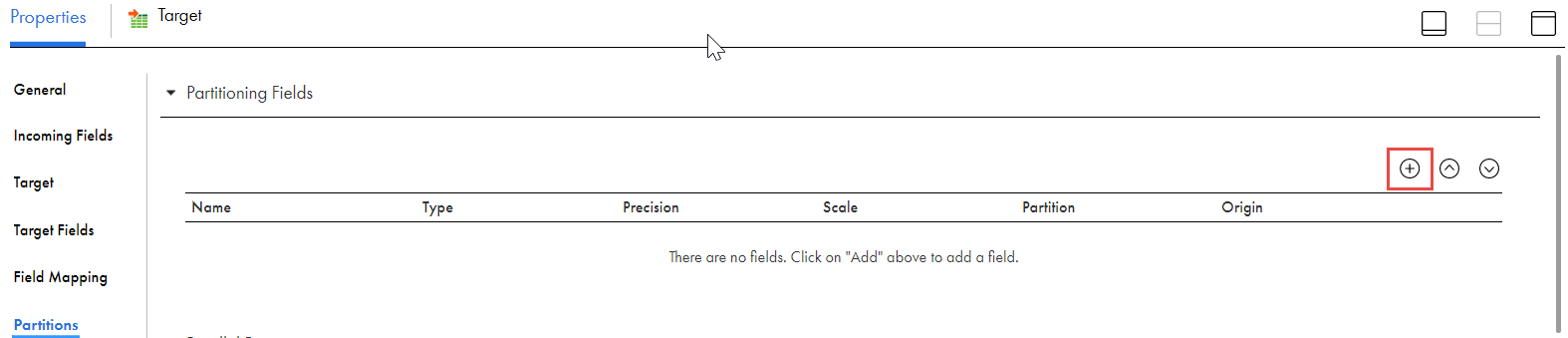 The image shows the Add option to add the partition columns for a target