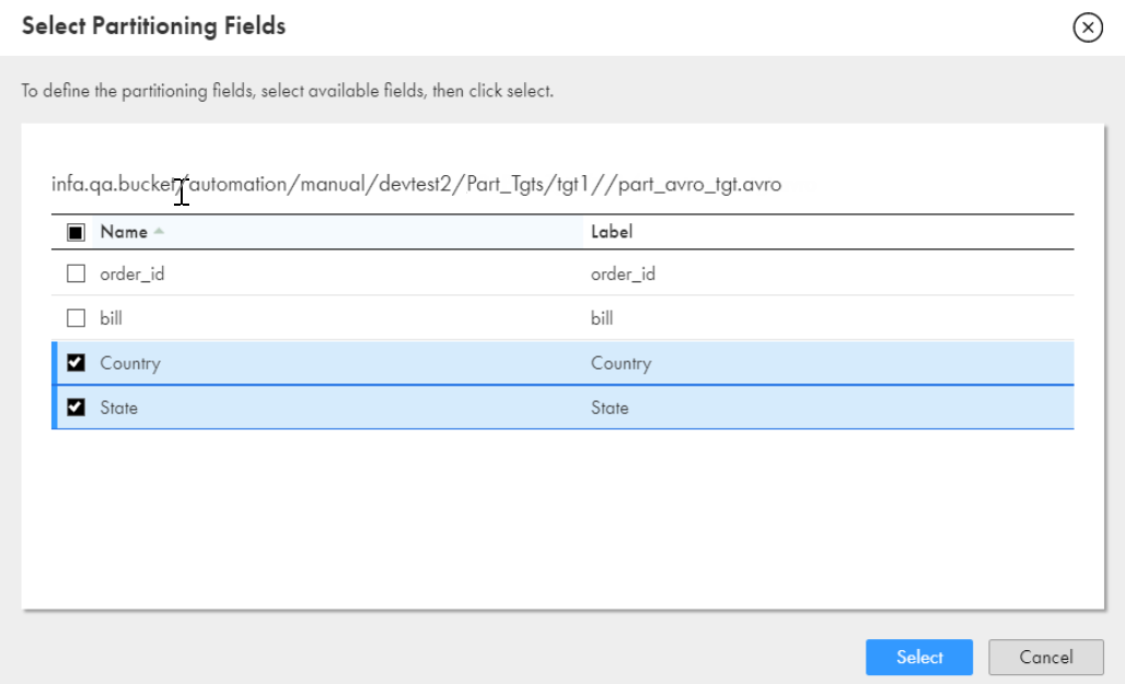 The image shows the list of fields available for partitioning