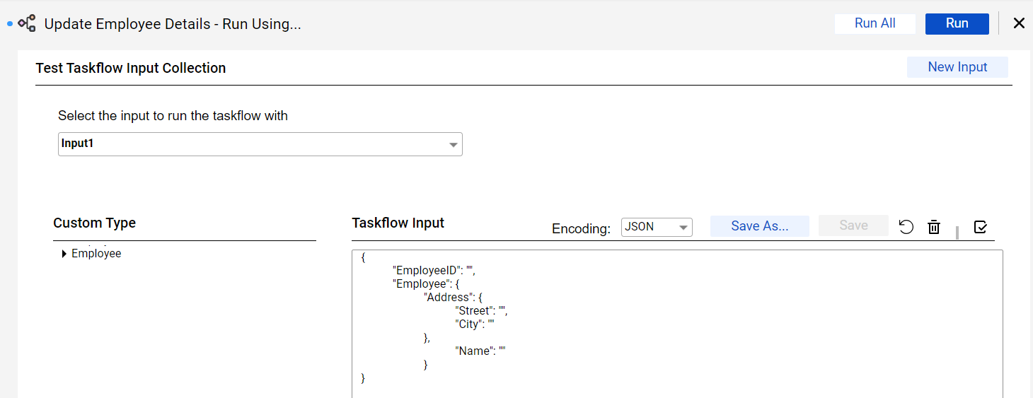 The image shows the Taskflow Input section populated with input fields for an Employee custom type.