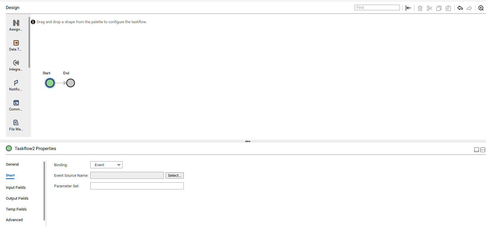 The image shows the binding set to Event, and the Event Source Name and Parameter Set fields.