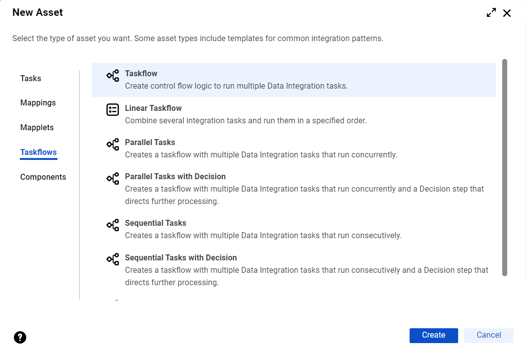 The image shows a list of pre created taskflow templates that you can choose from.