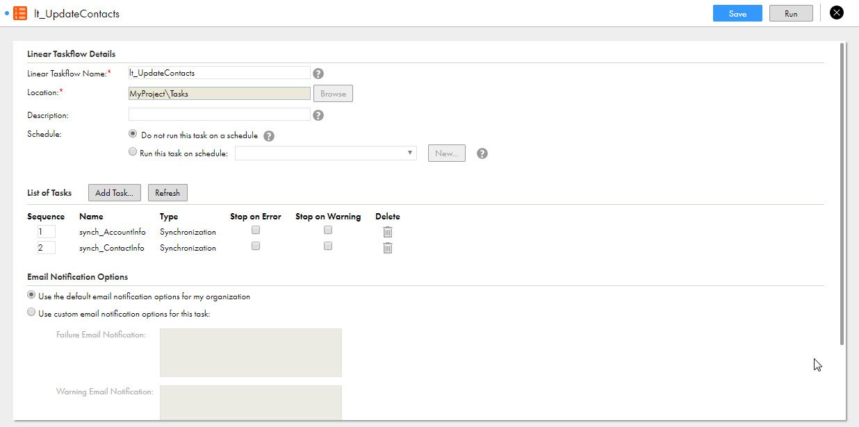 The Linear Taskflow Details page shows details such as the taskflow's name and location, and whether to run the taskflow on a schedule. The List of Tasks section shows that there are two tasks in the taskflow. The Email Notification Options section shows that the default email notification options will be used.