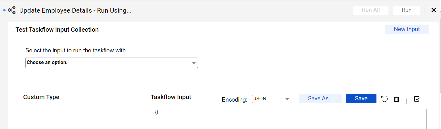 The image shows the Test Taskflow Input Collection page.