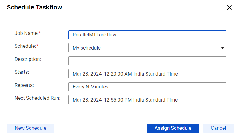 This image shows the Schedule Taskflow dialog box.