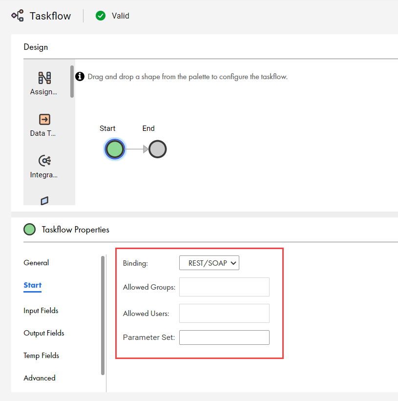 The image shows the binding set to REST/SOAP, and the Allowed Groups, Allowed Users, and Parameter Set fields.