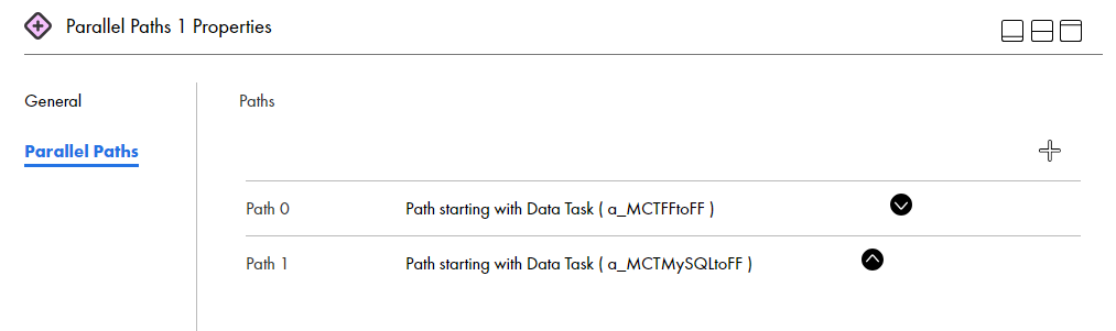 The image shows the parallel path properties section with branch one populated with the first mapping and branch two populated with the second mapping.