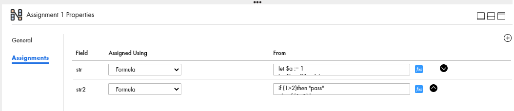 The image shows an Assignment step with two fields assigned the value Formula.