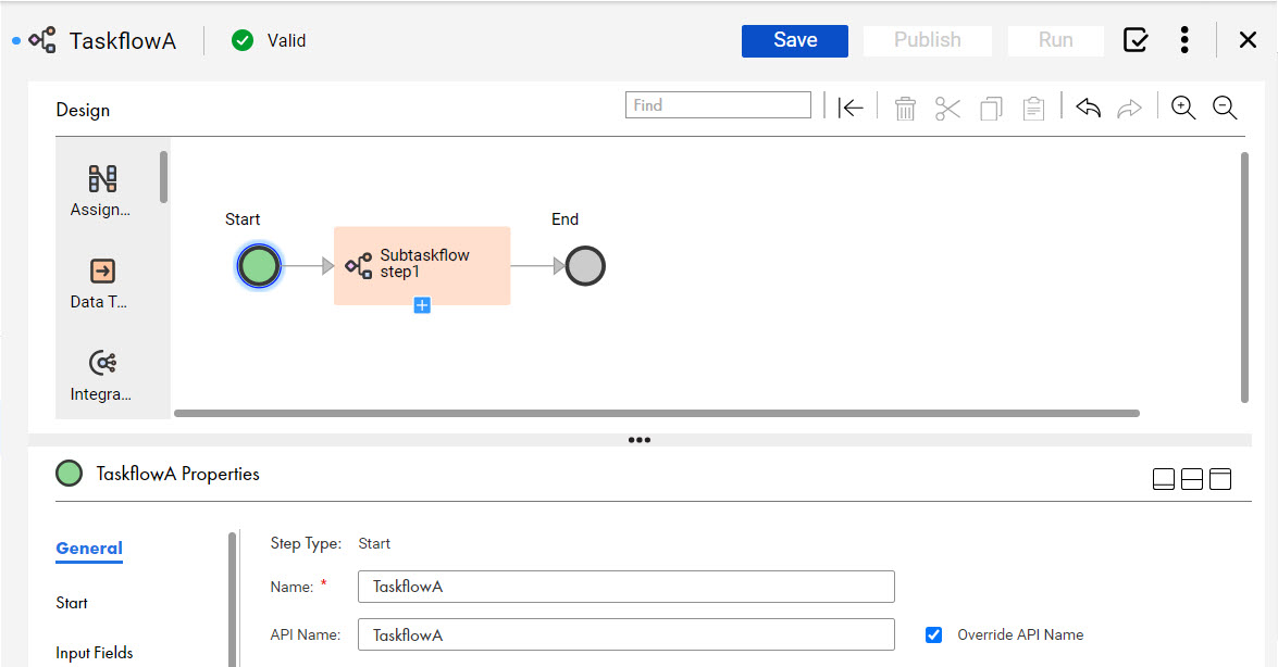 The image shows a taskflow that contains a Subtaskflow step.